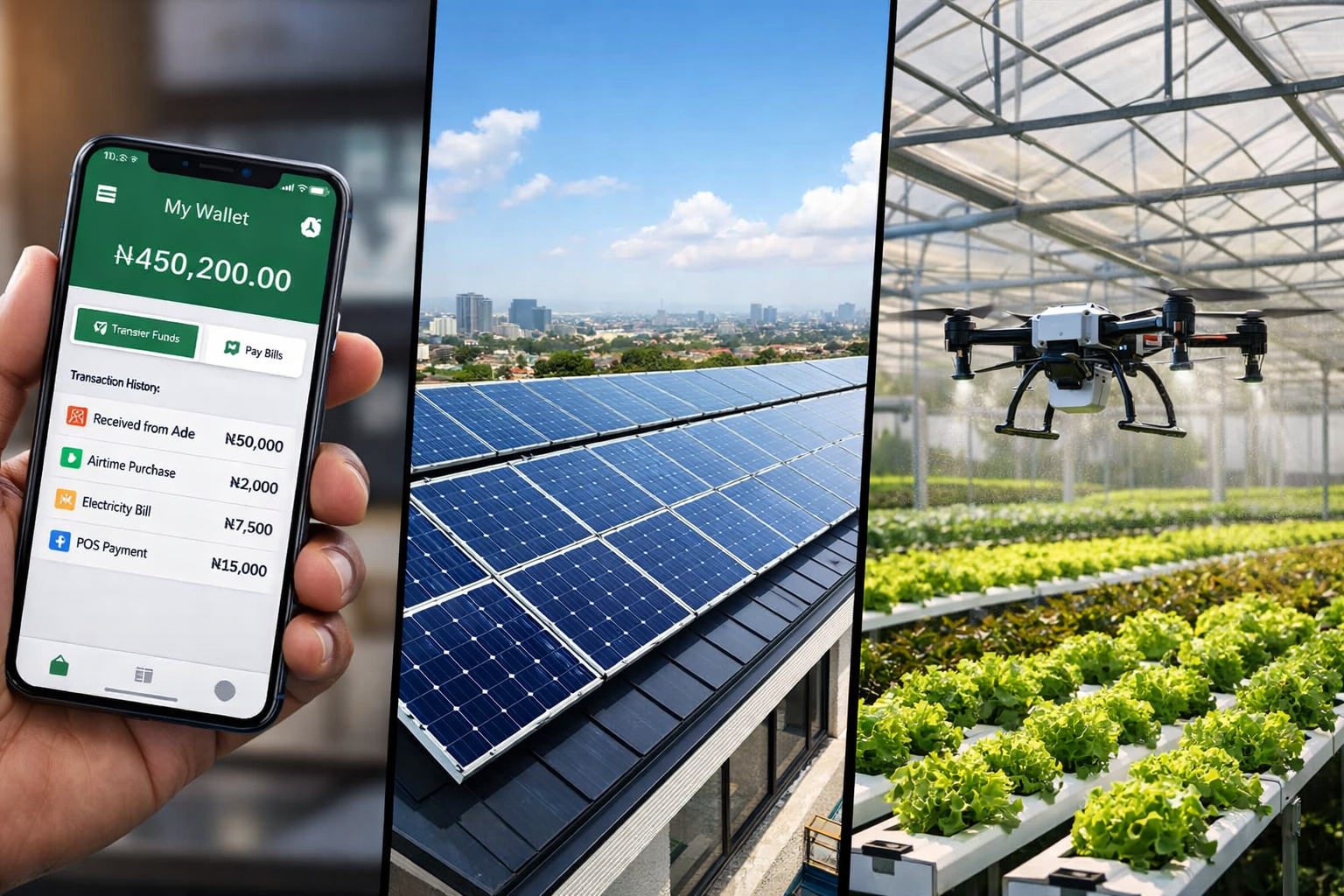 FinTech app, solar panels, and Agrotech drone