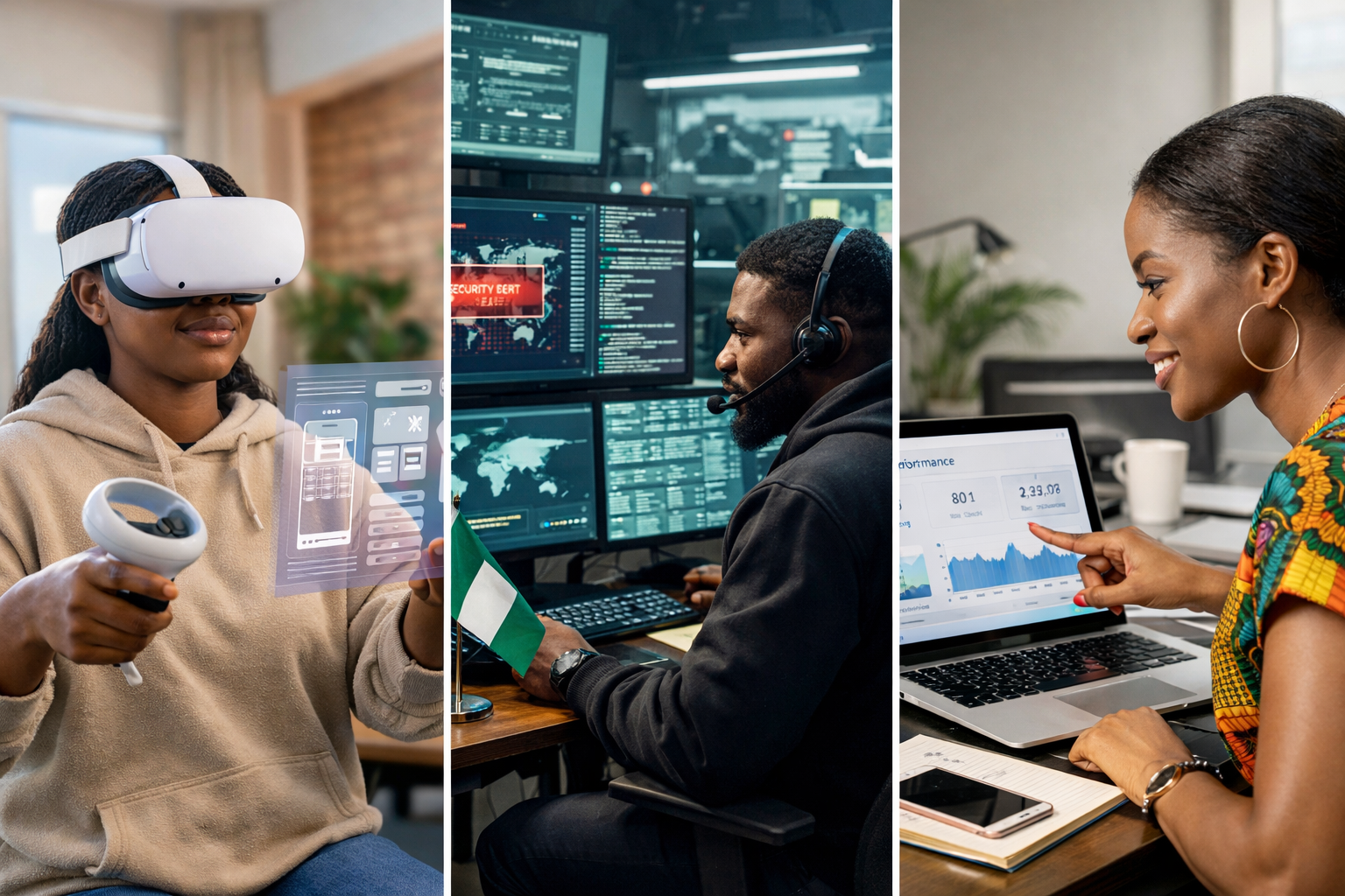 Collage of high-income skills: UI/UX, Cybersecurity, and Marketing