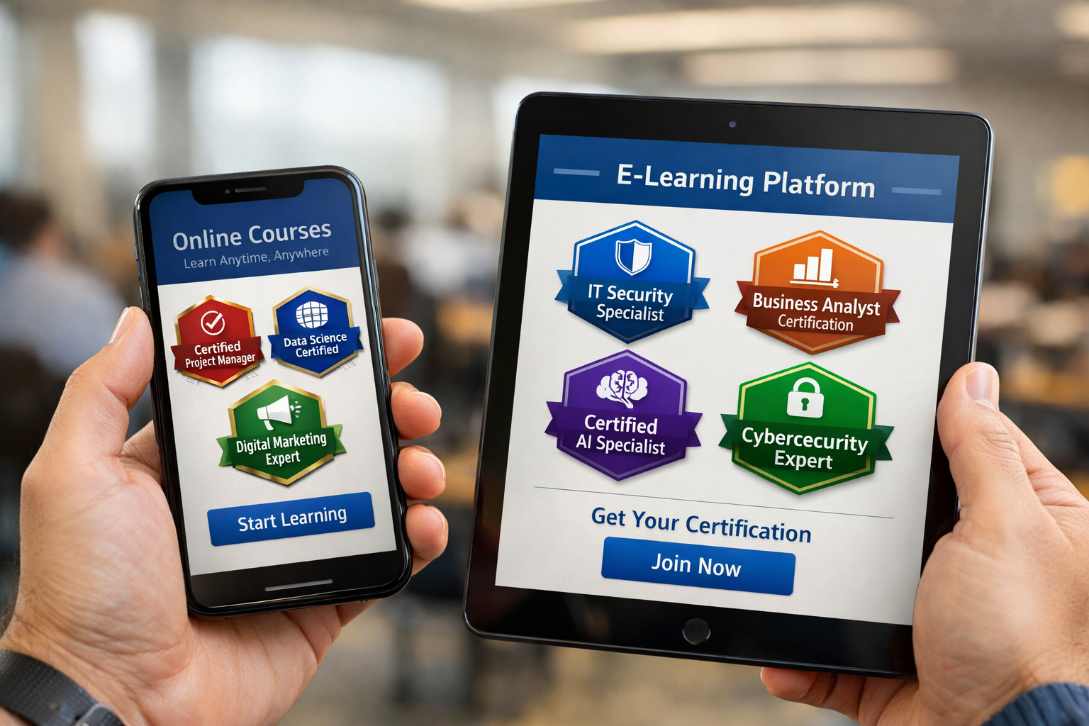 Hands holding devices with e-learning and certification badges
