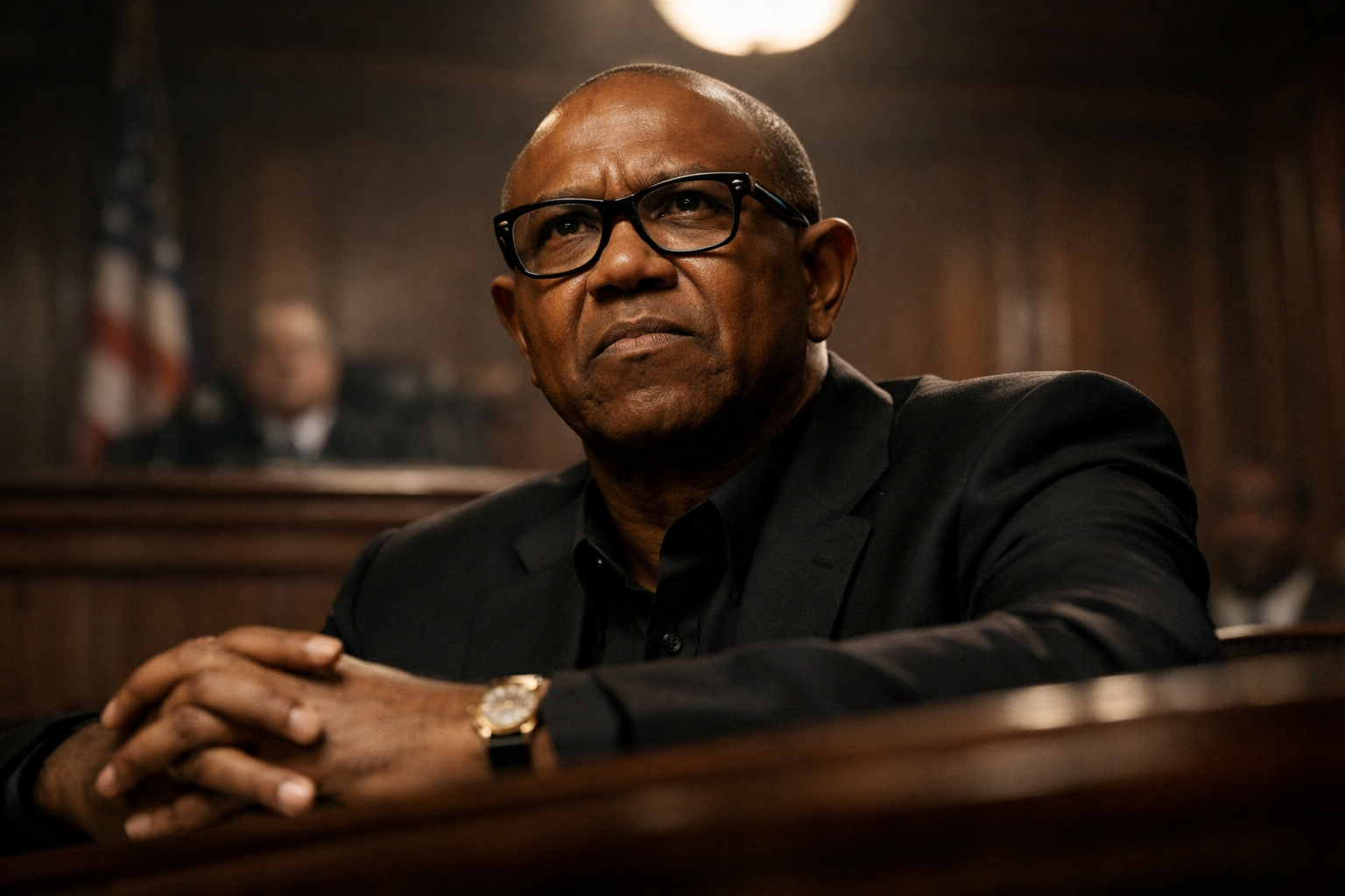 Peter Obi in a courtroom setting, looking serious
