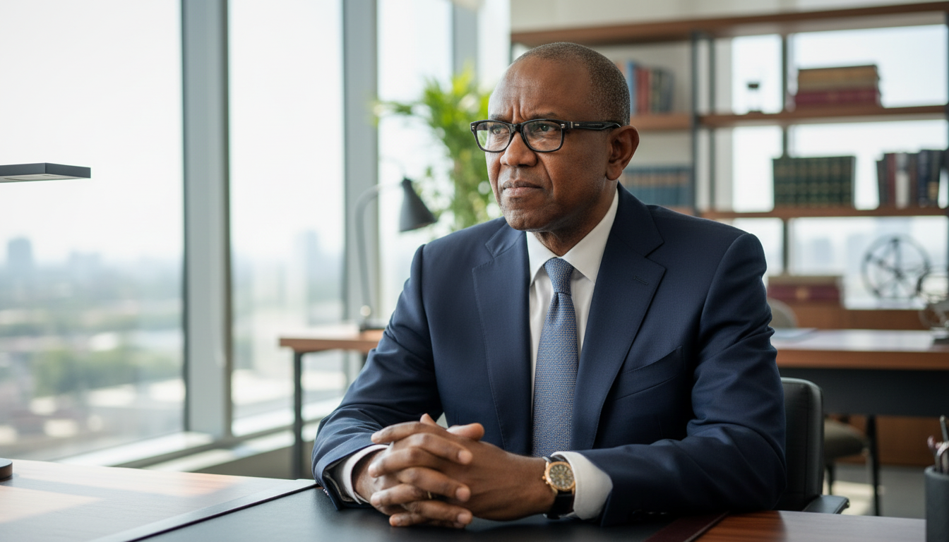 Peter Obi in an office setting, looking contemplative
