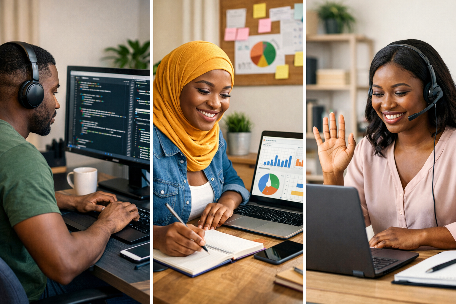 Collage of Nigerian remote workers in tech and marketing