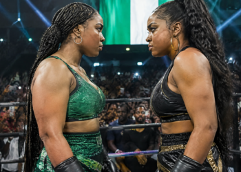 Two Nigerian women facing off in a celebrity boxing ring