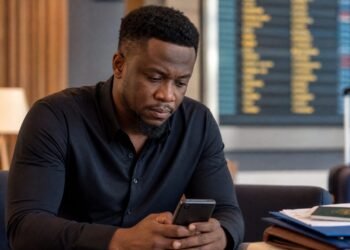 A Nigerian content creator sits thoughtfully with a smartphone near travel documents