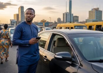 A passenger holds a smartphone beside a car in busy Lagos traffic