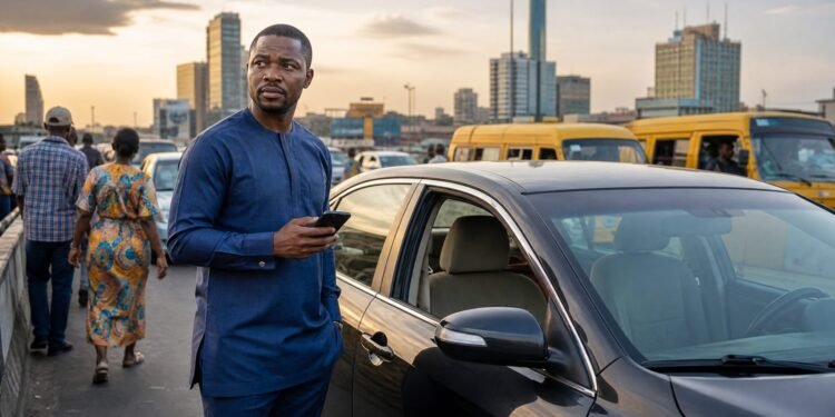 A passenger holds a smartphone beside a car in busy Lagos traffic