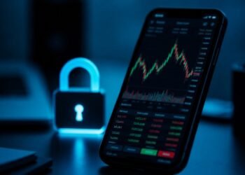 Smartphone showing a cryptocurrency trading app with dark charts and a padlock overlay