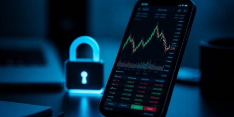 Smartphone showing a cryptocurrency trading app with dark charts and a padlock overlay