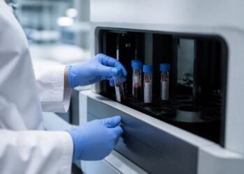 Laboratory technician examining blood culture bottles in a medical lab