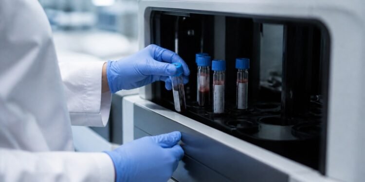 Laboratory technician examining blood culture bottles in a medical lab