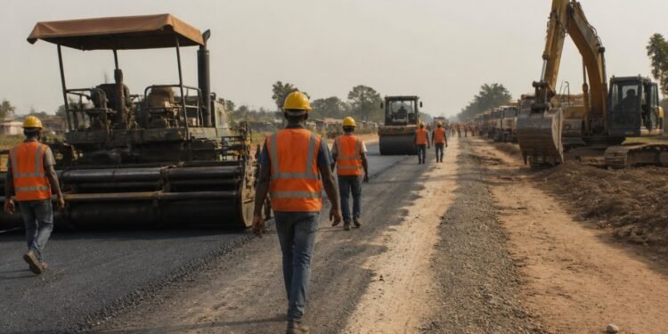 Construction workers in helmets and safety vests at a Nigerian highway construction site