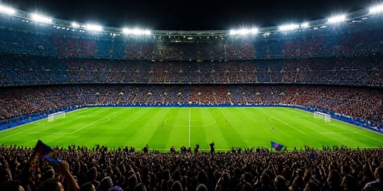 Packed football stadium at night with floodlights and fans in blue and red