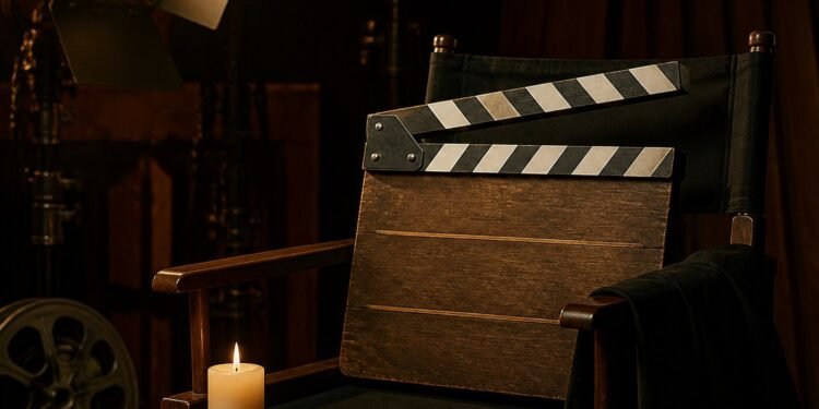 Clapperboard on a director's chair in a dimly lit film studio in tribute mood