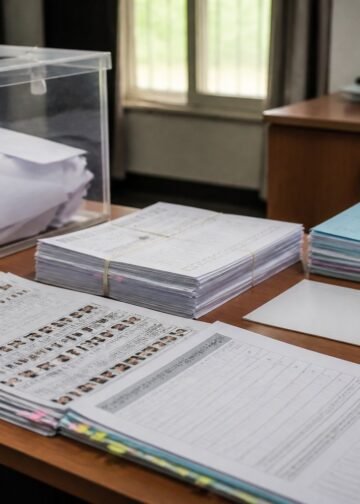 Ballot box and document checklists arranged on a desk in an election office