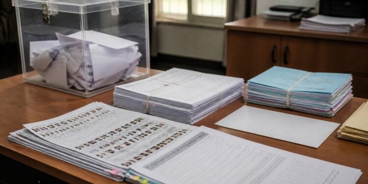 Ballot box and document checklists arranged on a desk in an election office