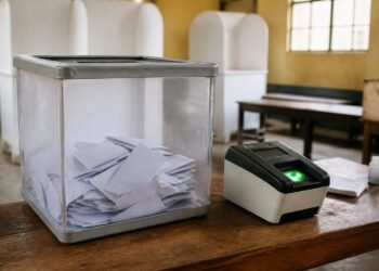 Ballot box and biometric fingerprint scanner at a Nigerian polling centre