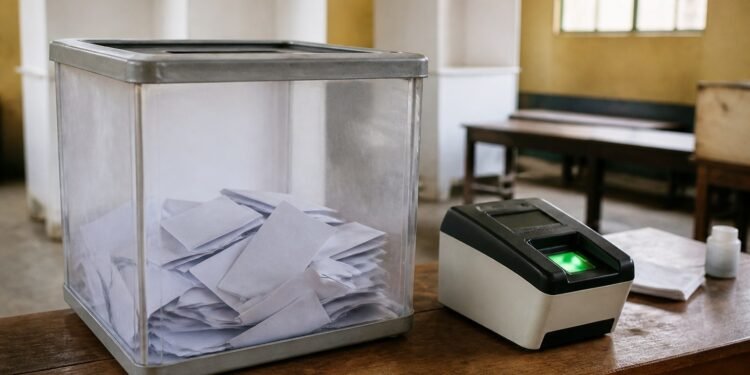 Ballot box and biometric fingerprint scanner at a Nigerian polling centre