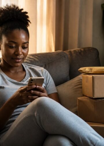 Young Nigerian woman shopping online at home with parcel boxes beside her