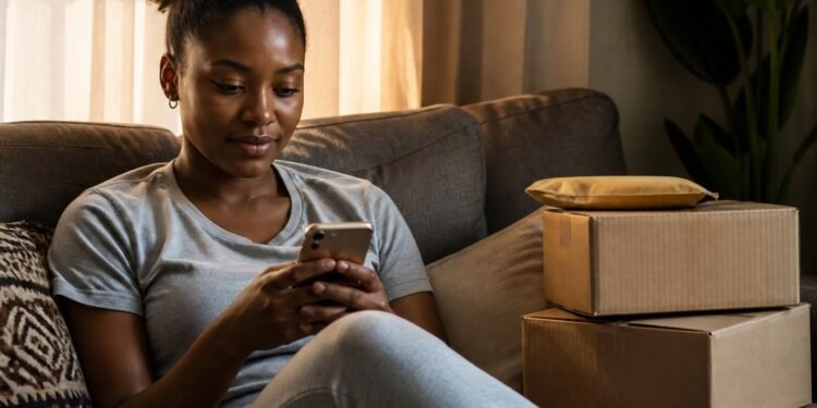 Young Nigerian woman shopping online at home with parcel boxes beside her