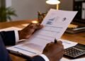 Hands reviewing loan documents, figures and a calculator on an office desk