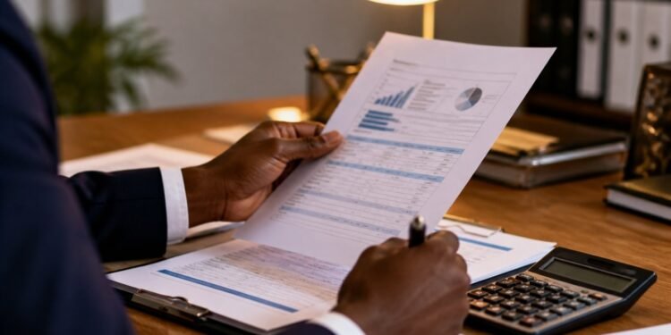 Hands reviewing loan documents, figures and a calculator on an office desk