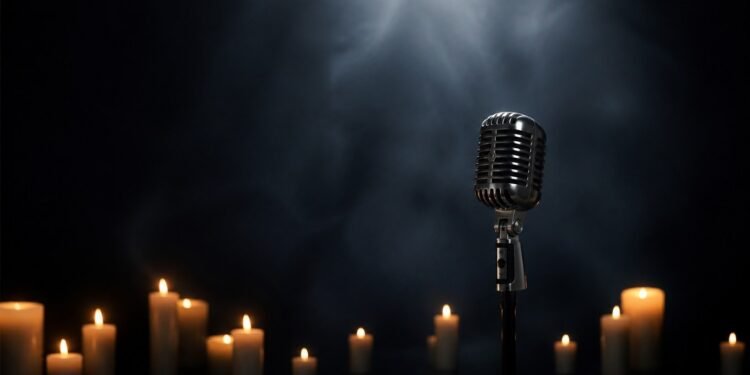 Lit candles and a microphone on a dark stage in tribute mood