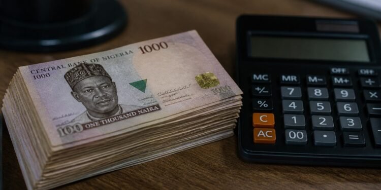 Nigerian naira banknotes beside a calculator on a desk