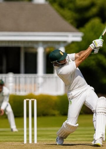 Cricket batsman in green and white kit playing a shot on a green pitch in Nigeria