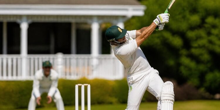 Cricket batsman in green and white kit playing a shot on a green pitch in Nigeria