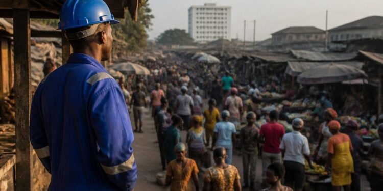 Nigerian worker in overalls standing before a busy market street in morning light
