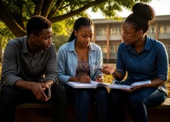 Nigerian university students studying together on campus with notes and smartphones