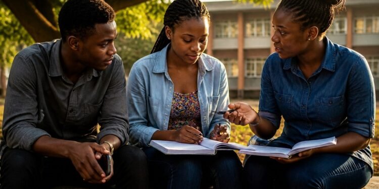 Nigerian university students studying together on campus with notes and smartphones