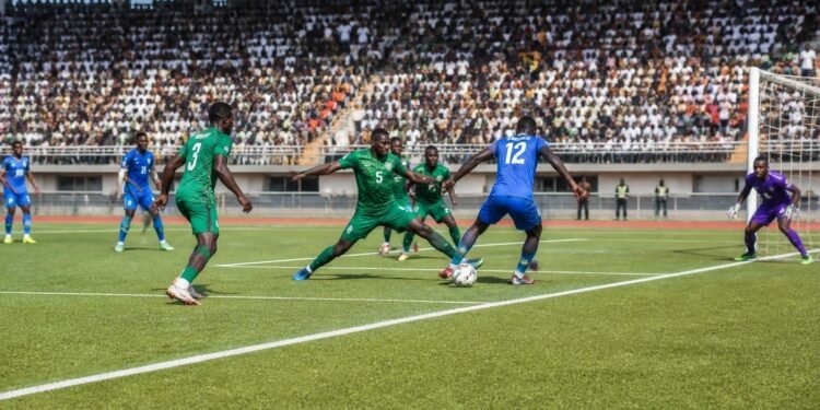 League football match action near the penalty box with packed stadium terraces in Nigeria