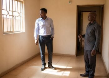 House hunter inspecting an unfurnished Lagos apartment with an agent holding the keys