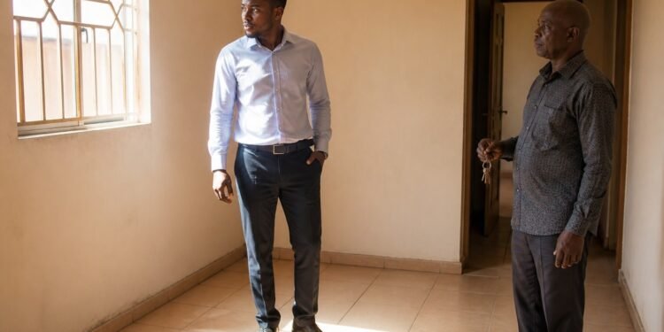House hunter inspecting an unfurnished Lagos apartment with an agent holding the keys