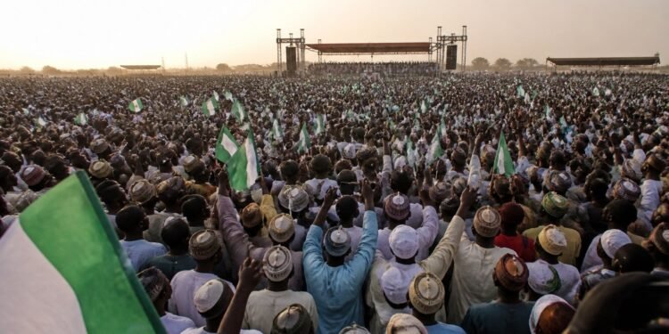 Huge crowd at an open-ground political campaign rally in Kaduna, Nigeria