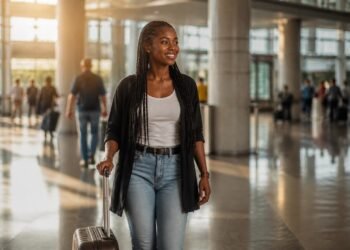 Young Nigerian traveller walking through a bright airport arrivals hall with her suitcase