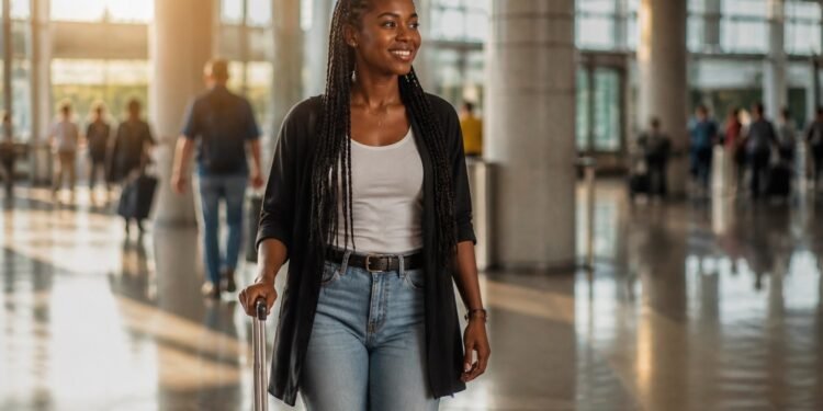 Young Nigerian traveller walking through a bright airport arrivals hall with her suitcase