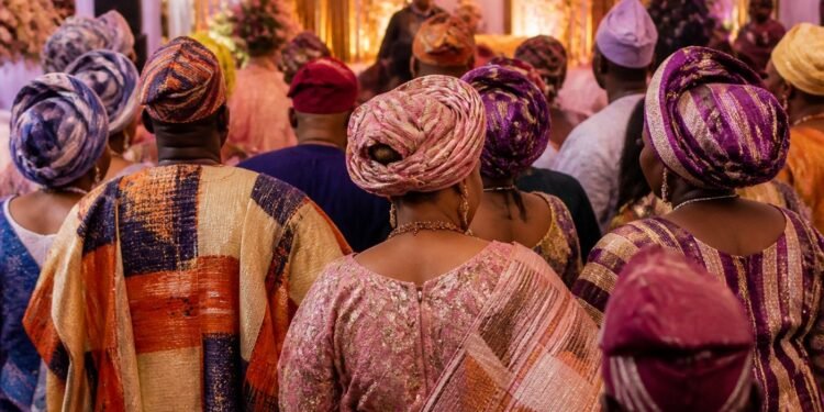 Guests in colourful aso-oke outfits celebrating at a traditional Nigerian wedding venue